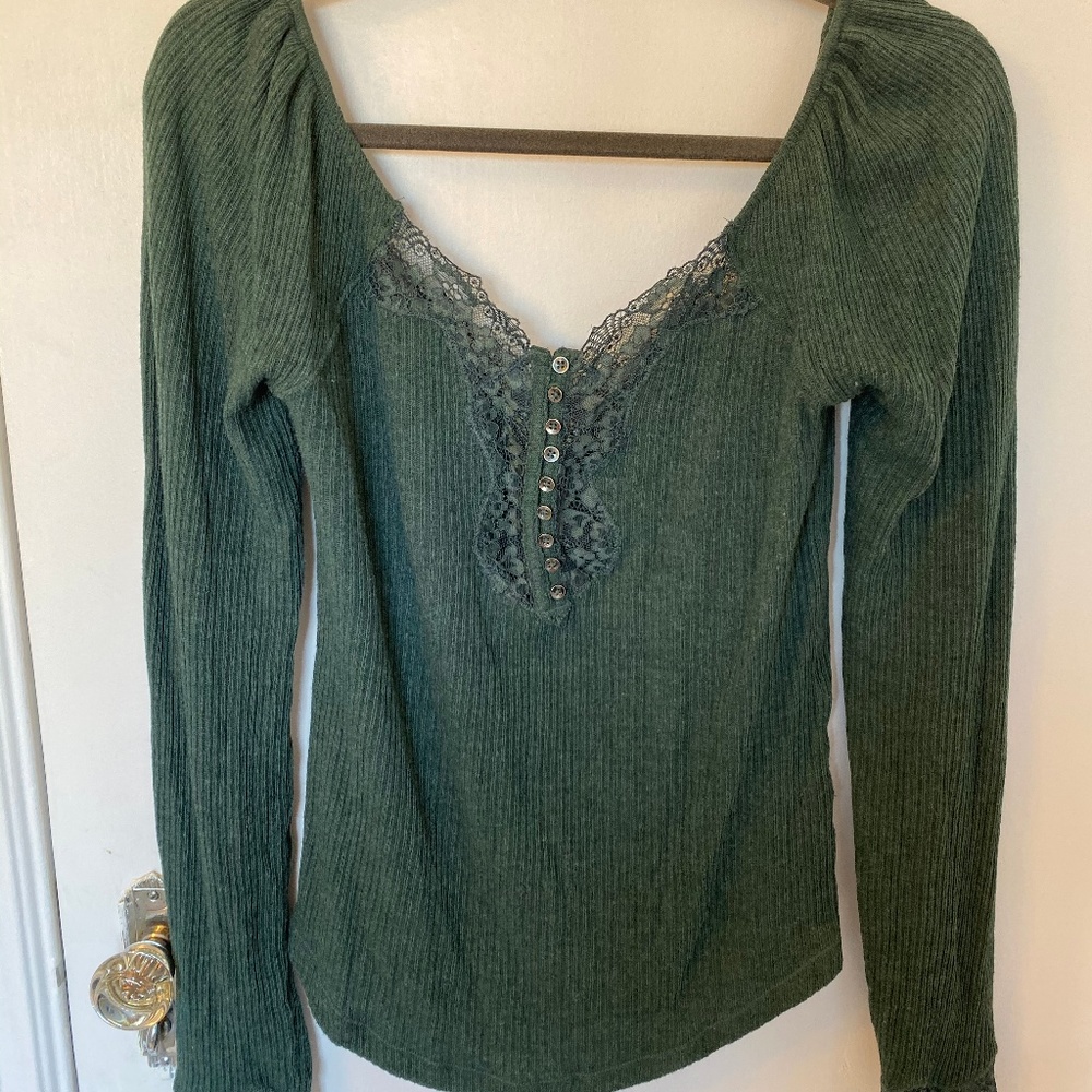 Free People Green Knit Sweater with Lace Detail